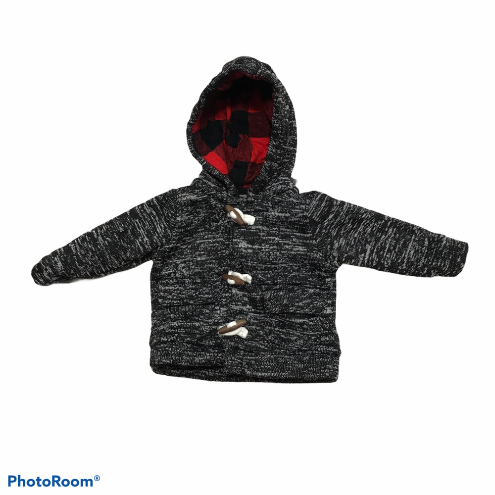 Carter's Baby Boy's Jacket Hooded Knit Sweater Toggles Red Buffalo Plaid Size 6M